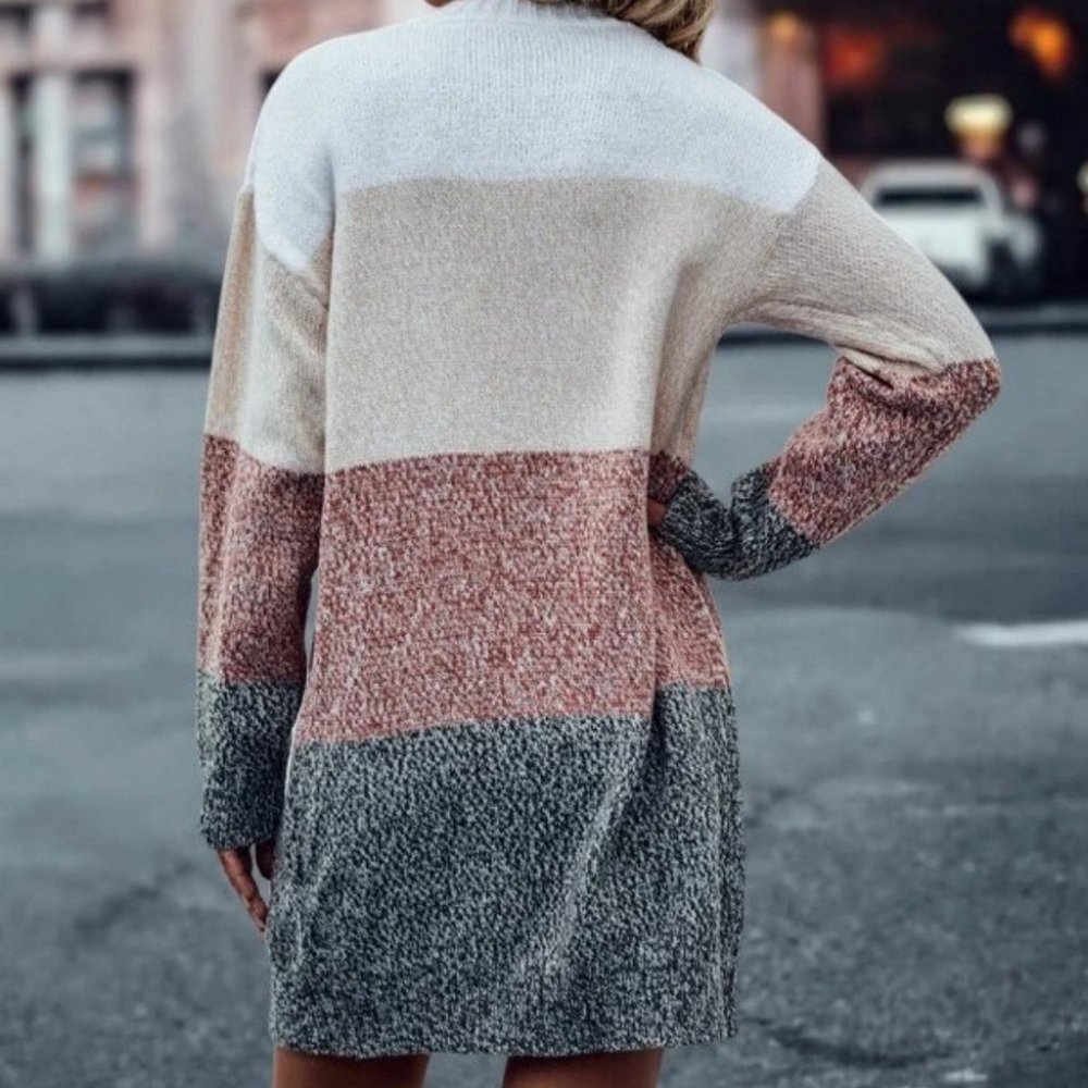 ColorBlock long sleeve open front  Sweater knit Duster Cardigan - Picture 2 of 6